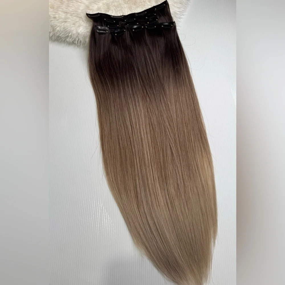 Ombre Blonde Clip-In Hair Extensions – Long Straight Highlighted Brown to Blonde